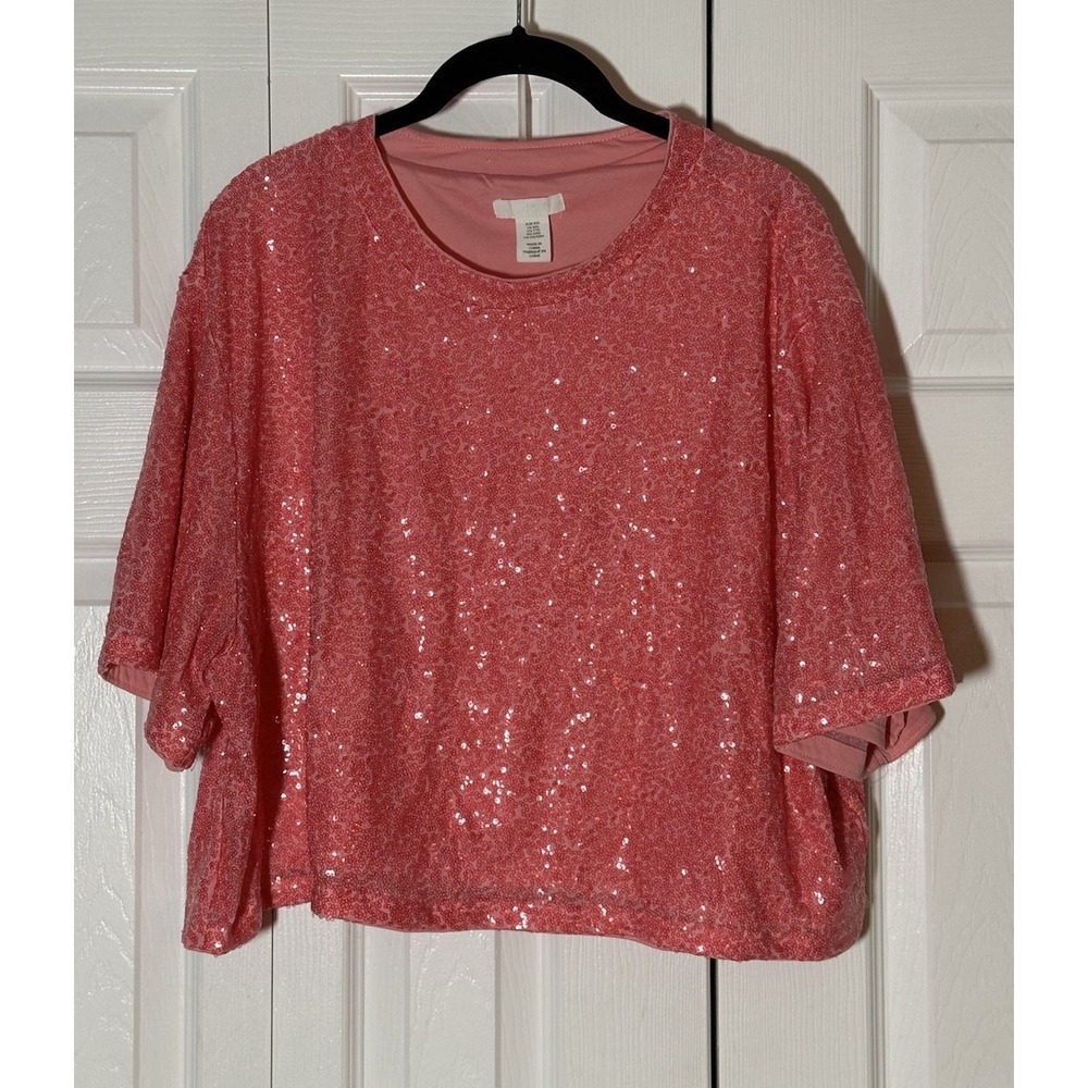 H&M Womens Pink Sequin Crop Top Short Sleeve Crew Neck Party Shirt Size 2X